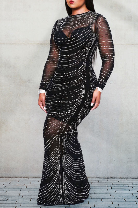 Plus Size Dress Black See-through Long Sleeve Elegant Maxi Dress