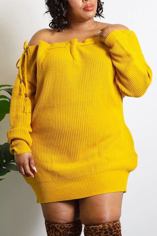 Plus Size Off Shoulder Solid Sweater Mini Dress