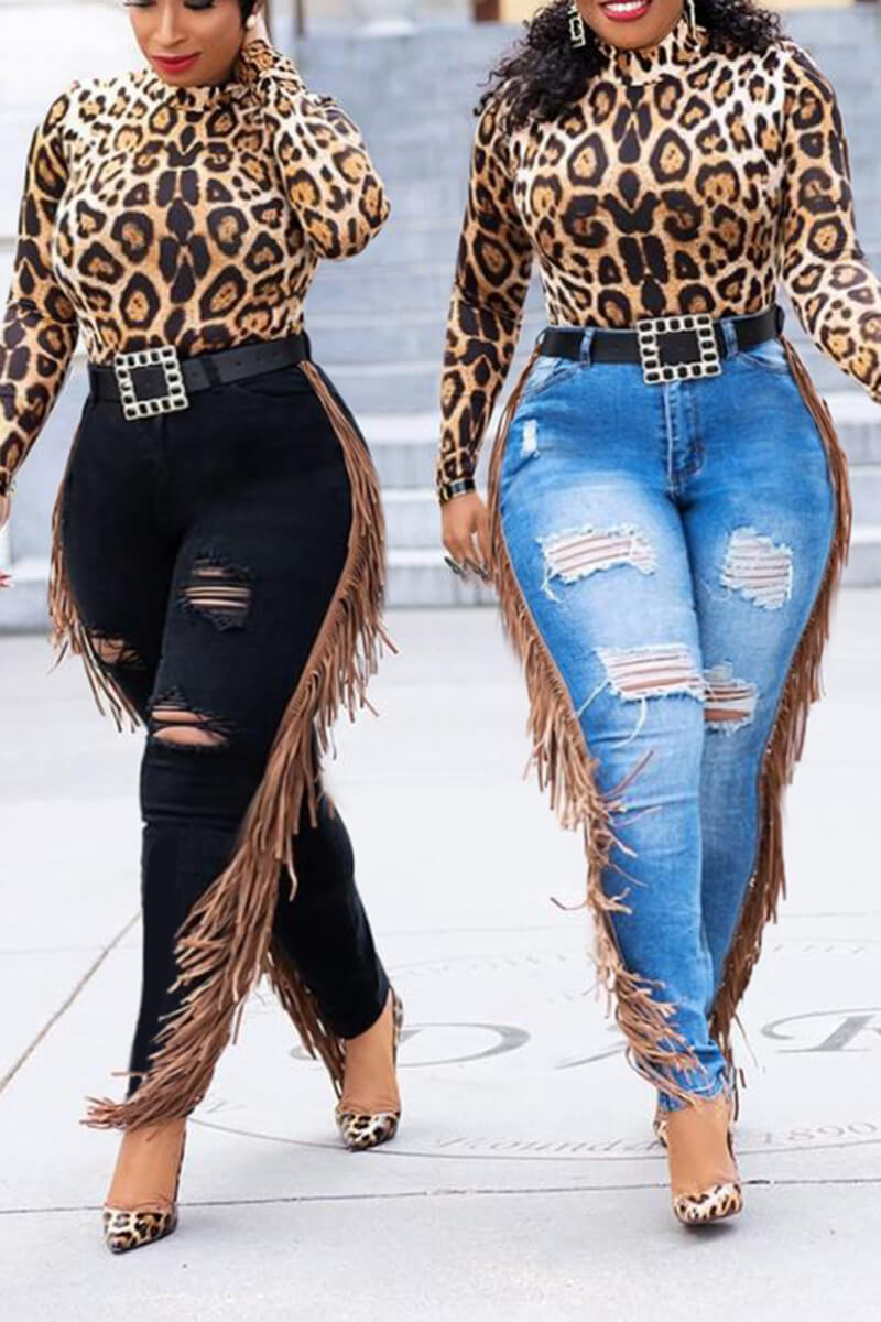 Plus Size Plain Denim Jeans Ripped Skinny Fringed