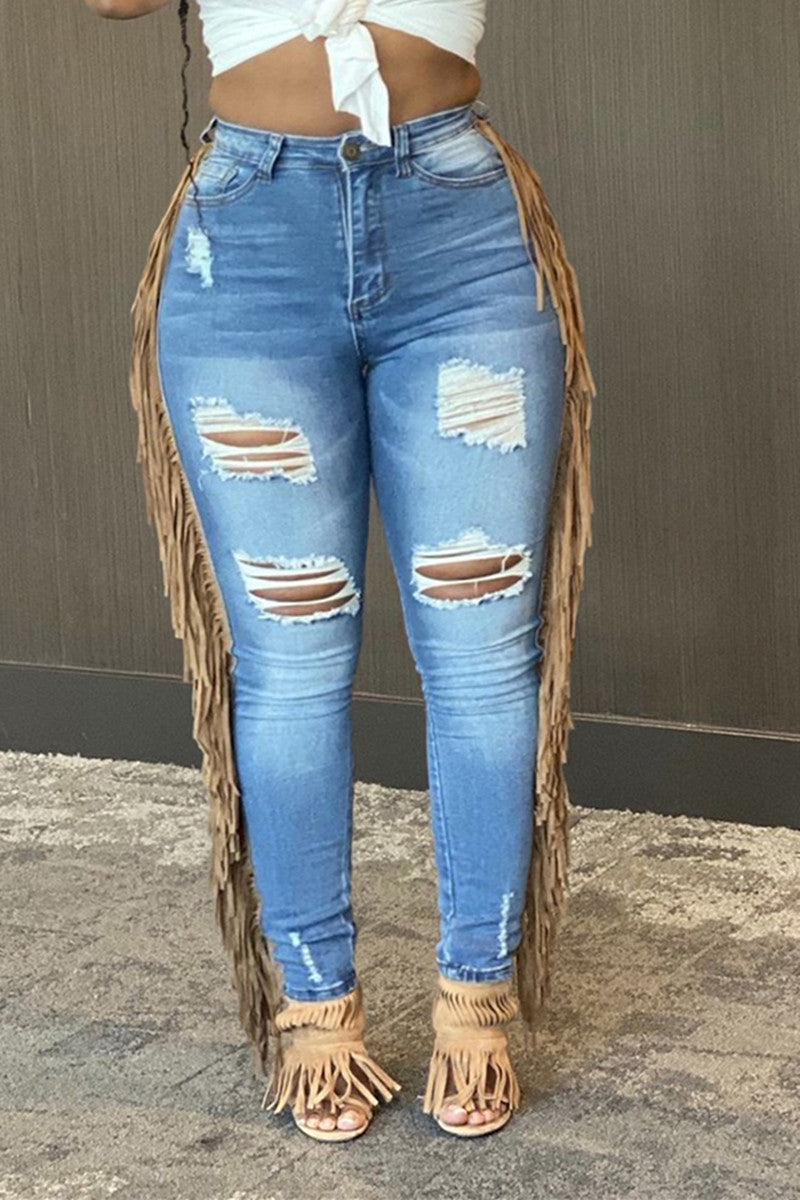 Plus Size Plain Denim Jeans Ripped Skinny Fringed