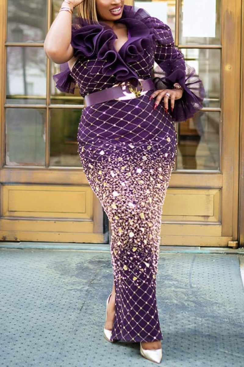 Plus Size Sequin Ruffle Skinny Maxi Dress(No Belt)