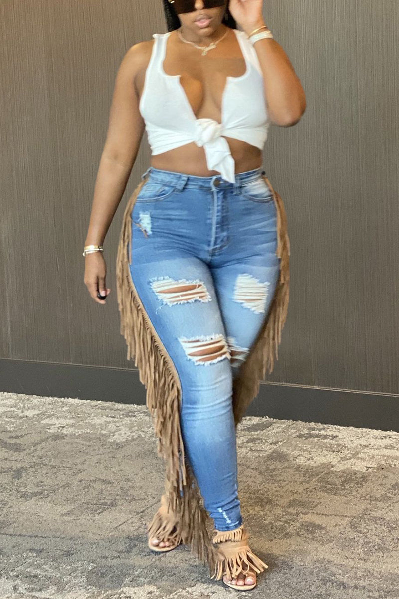 Plus Size Plain Denim Jeans Ripped Skinny Fringed