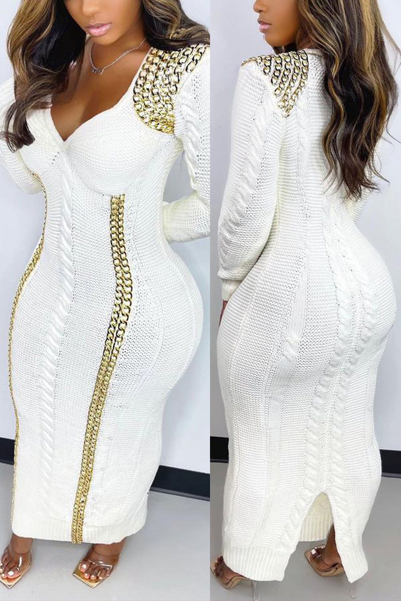 Plus Size Split Joint Long Sleeve Knit Sweater Little White Midi Dress