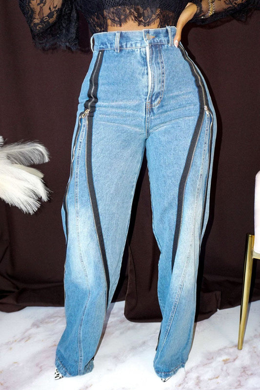 Plus Size Denim Solid Zipper Patchwork Pants