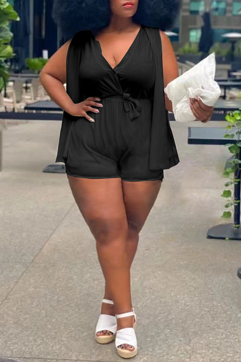 Plus Size Casual Solid V Neck Loose Rompers