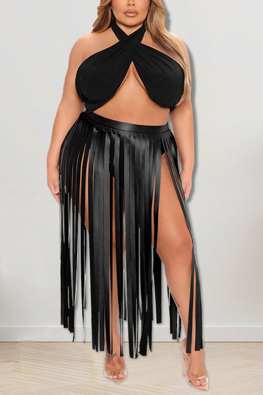 Plus Size Black PU Leather Halter Top Fringe Skirt Two Piece Set