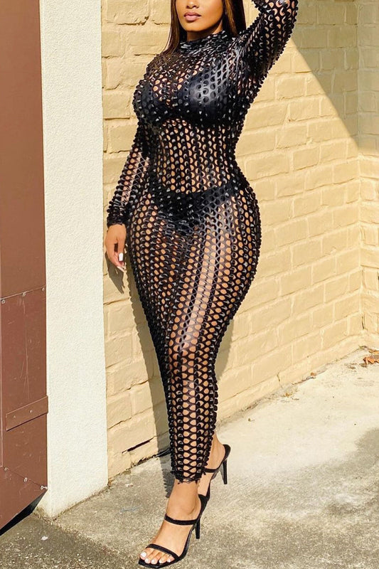 Plus Size Sheer See-through Long Sleeve Maxi Dresses (No Underwear)