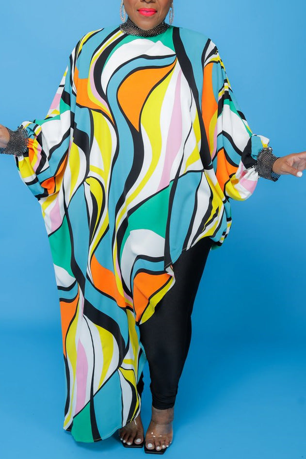 Plus Size All Over Print High Collar Irregular Long Sleeve Maxi Dress