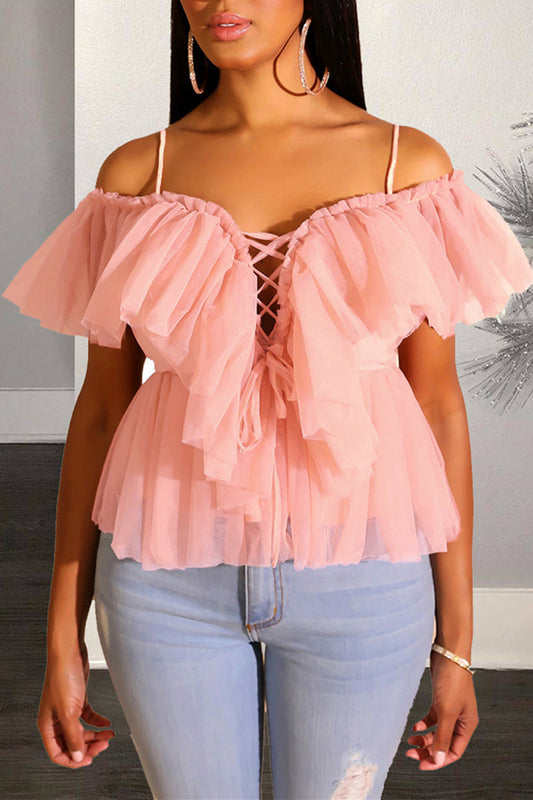 Plus Size Casual Solid Cold Shoulder Lace Up Mesh Stitching Summer Top