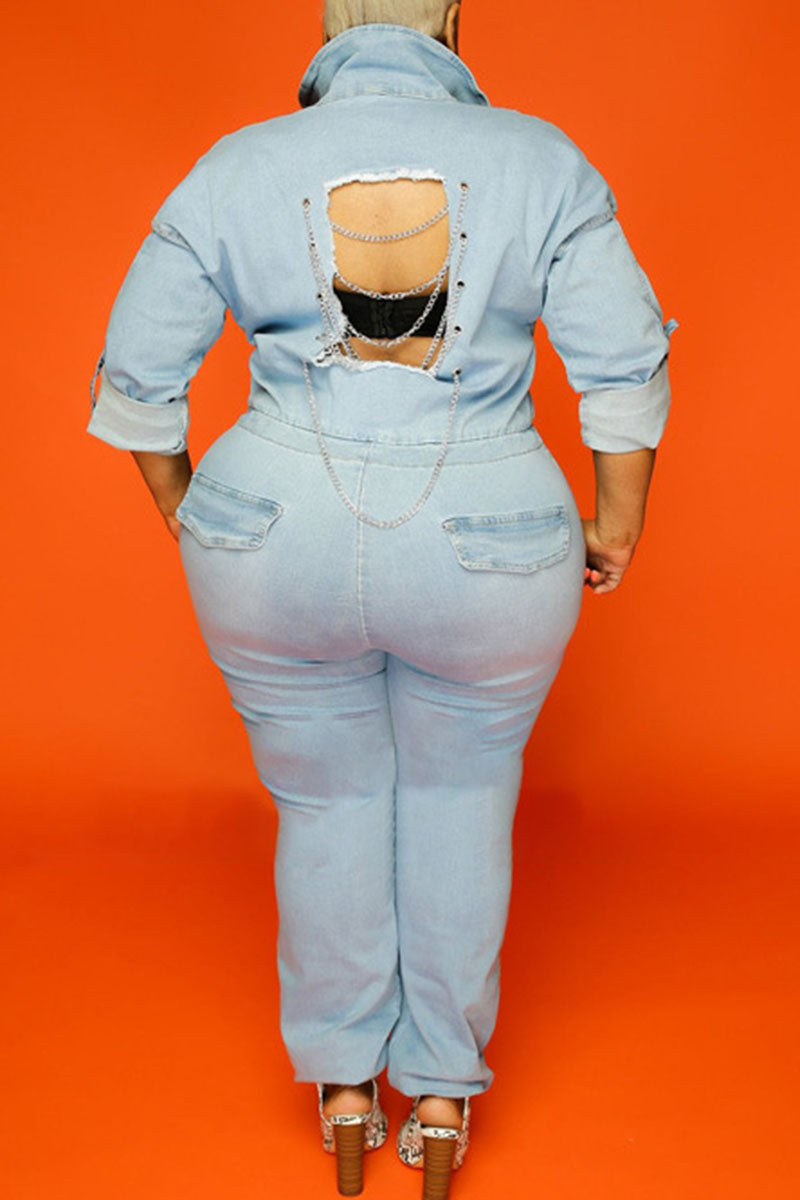 Plus Size Plain Jumpsuit Denim Long Sleeve