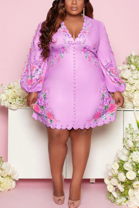 [Pre-Sale] Plus Size Elegant Floral Print Puff Sleeves V-Neck Mini Dresses
