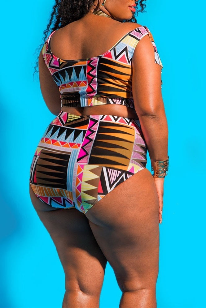 Plus Size Printed Black High Waist Swimsuit