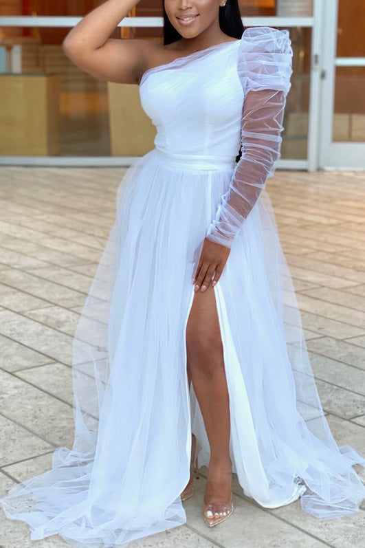 Plus Size Single Sleeve Elegant Wedding Guests Bridesmaid Tulle Maxi Dress