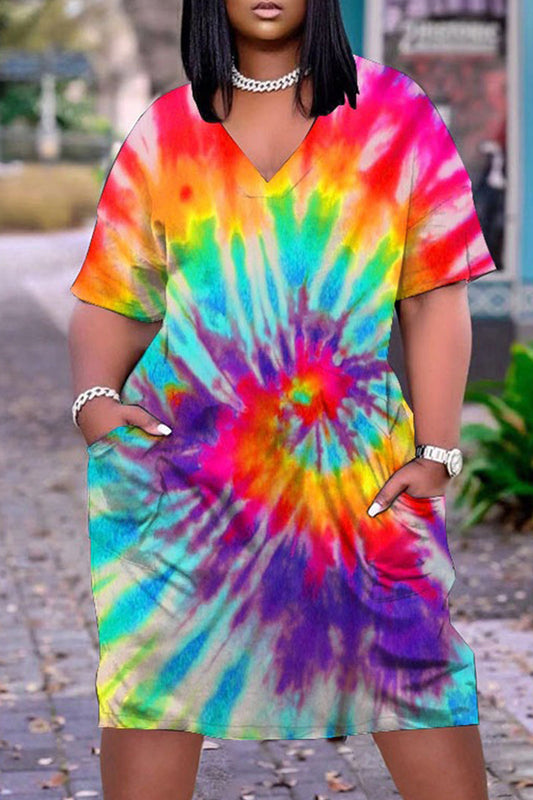 Plus Size Casual V Neck Tie Dye Print Short Sleeve Midi Dress