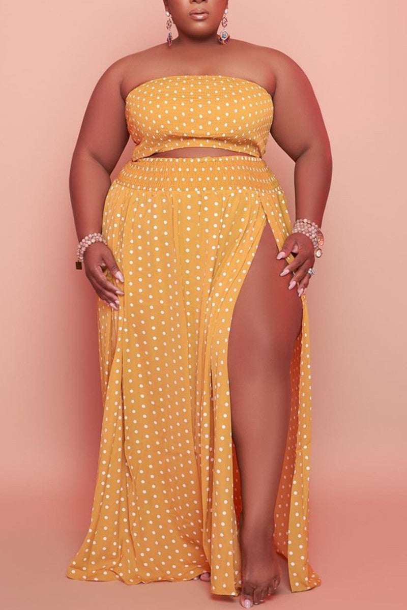 Plus Size Yellow Polka Dot Split Joint Strapless Beach Two Pieces Dress Set