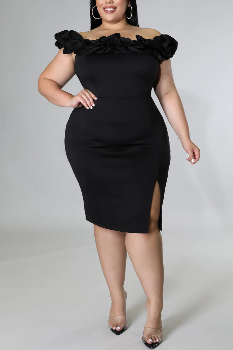 Plus Size Off The Shoulder Solid Split Bodycon Semi Formal Midi Dresses