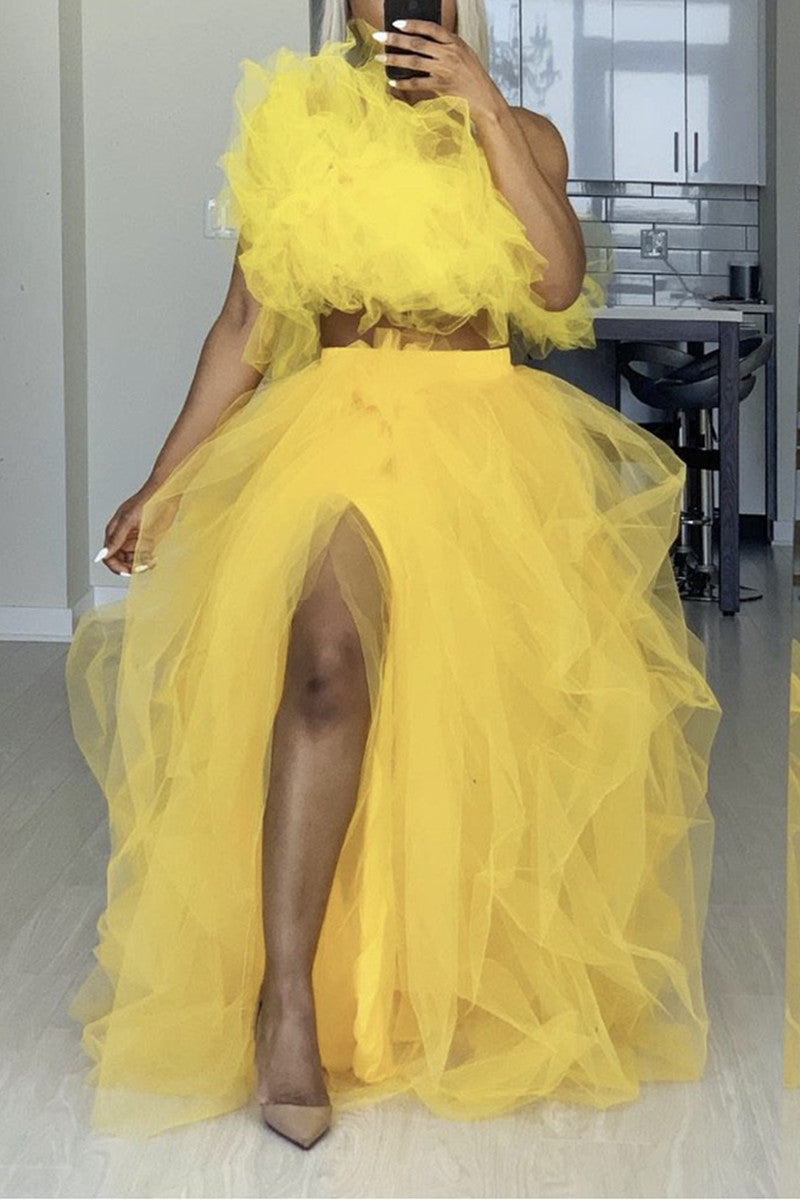 Plus Size Elegant Solid Hi-Slit Tulle Skirt