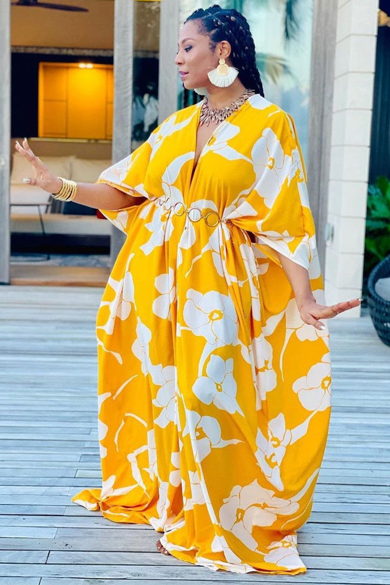 Plus Size Casual Yellow Print Kimono Pant 3 Piece Set
