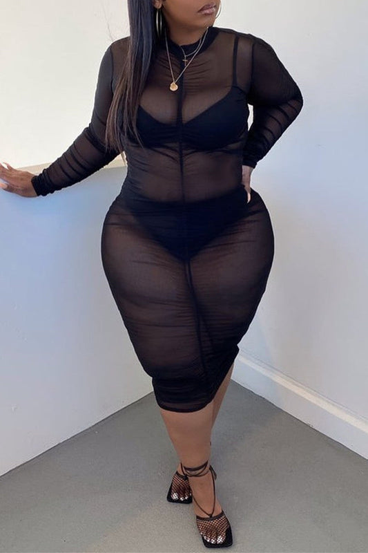 Plus Size Party Tulle See-through Long Sleeves Midi Dress