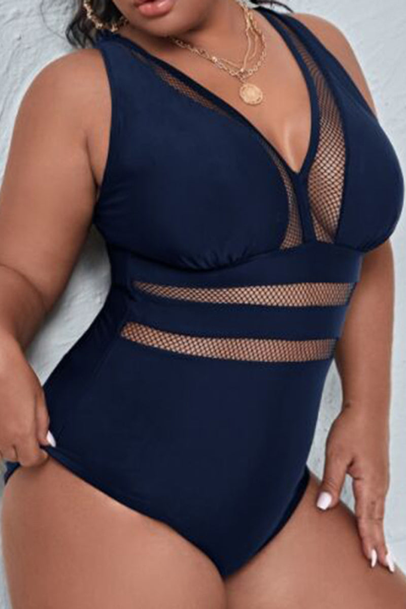 Plus Size Black Lace Stitching V Neck One Piece Swimsuit