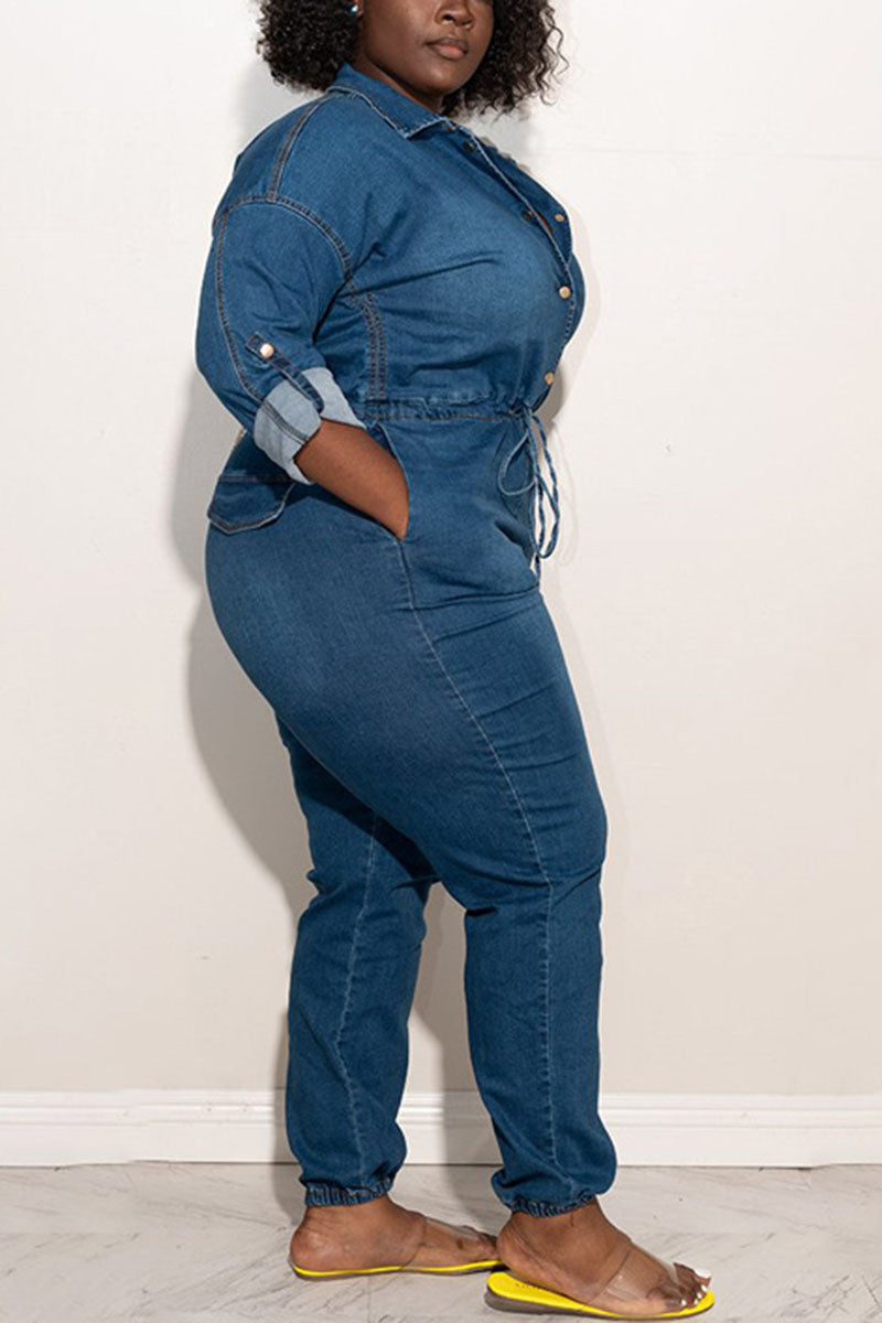 Plus Size Plain Jumpsuit Denim Long Sleeve