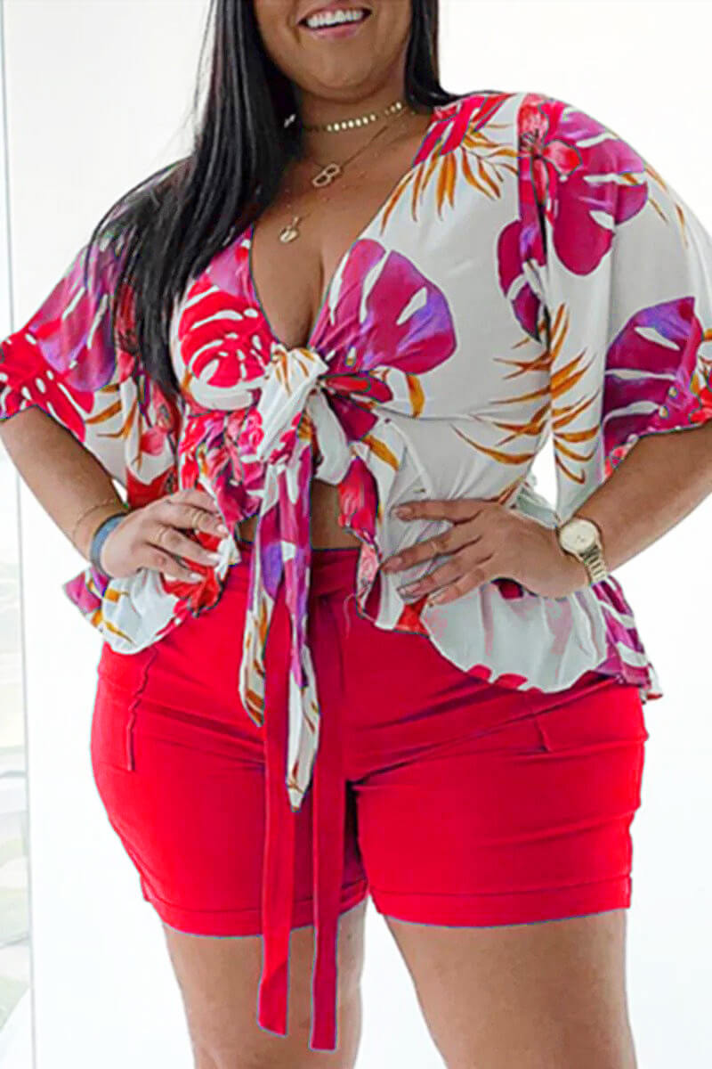 Plus Size Floral Print V Neck Two-piece Short Set