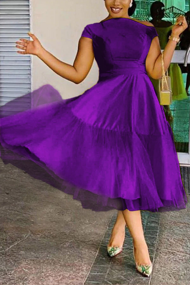 Plus Size Elegant A-line Tulle Solid Midi Dress