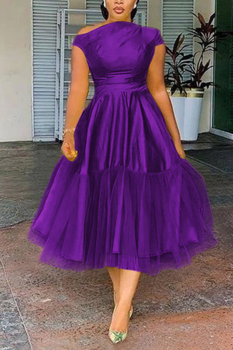 Plus Size Elegant A-line Tulle Solid Midi Dress