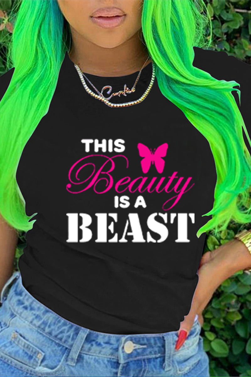 Plus Size Casual This Beauty Is A Beast Round Neck Short Sleeve T Shirt