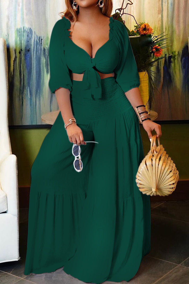 [Pre-Sale] Plus Size Solid Lace Up Half Sleeve Pleated Two Pieces Pants Sets