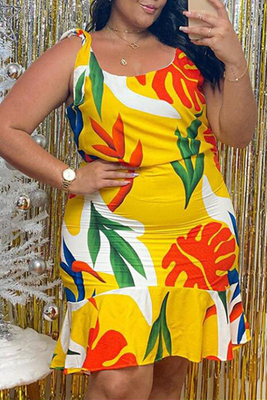 Plus Size Yellow Sexy Casual Print Basic U Neck Vest Dress
