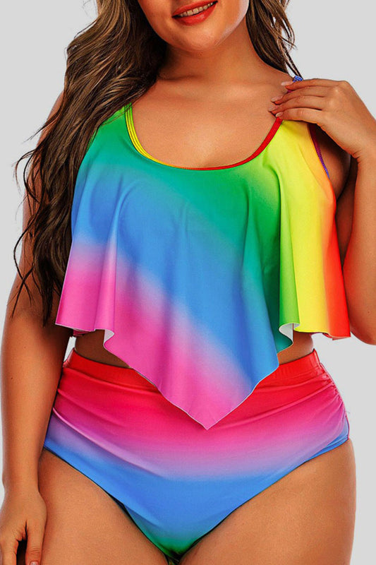 Plus Size Rainbow Gradient Asymmetrical Ruffle Two Piece Swimsuit Set