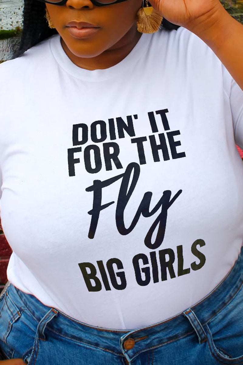 Plus Size Casual White Doin' It For The Fly Big Girls Short Sleeve T Shirt