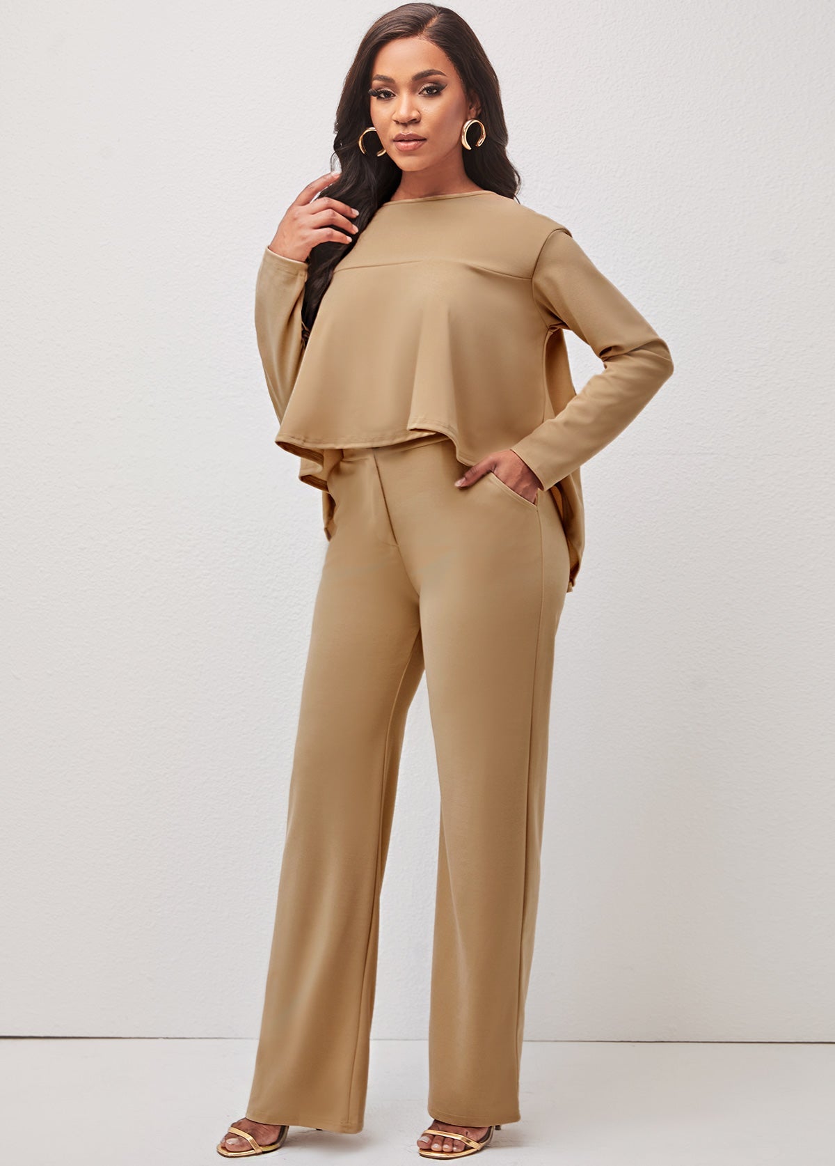 Plus Size Solid Long Sleeve Ruffle Irregular Two-piece Pants Set