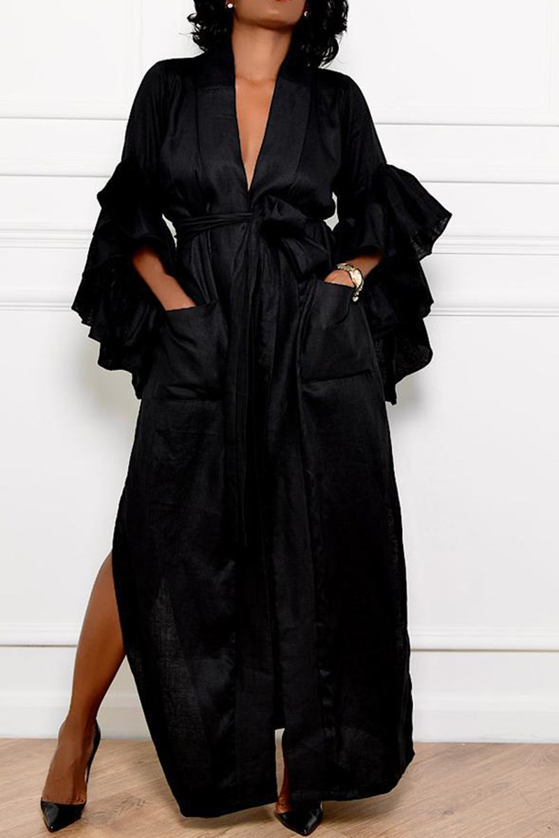 Plus Size Plain Maxi Dresses Ruffled Long Sleeves