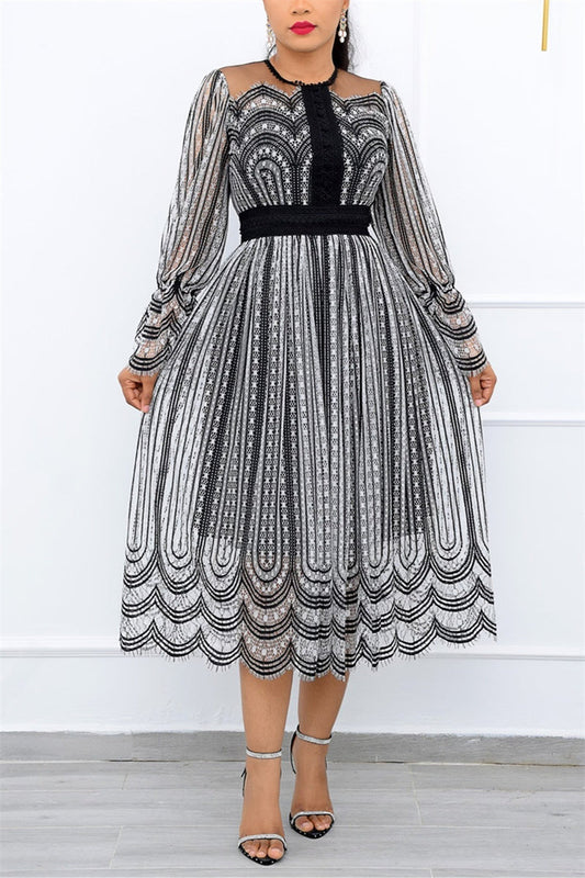 Plus Size Black and Silver Lace Patchwork Midi Dress