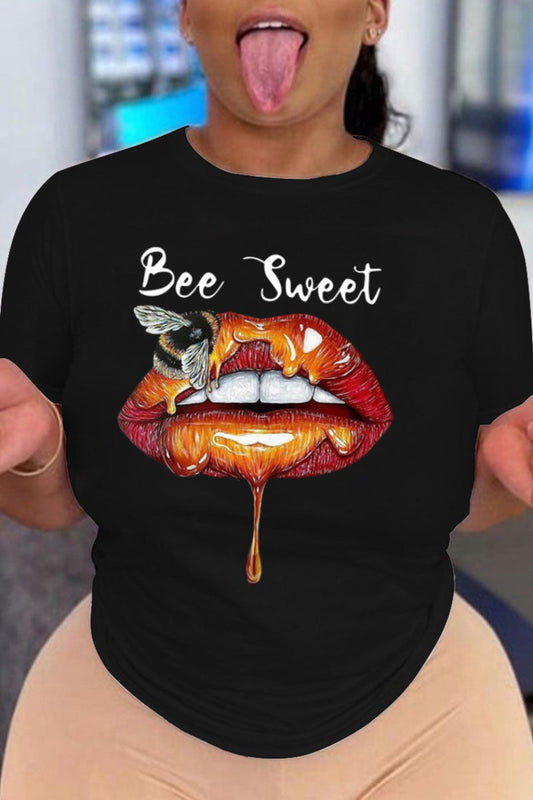 Plus Size Casual Bee Letter Print O Neck T-shirts