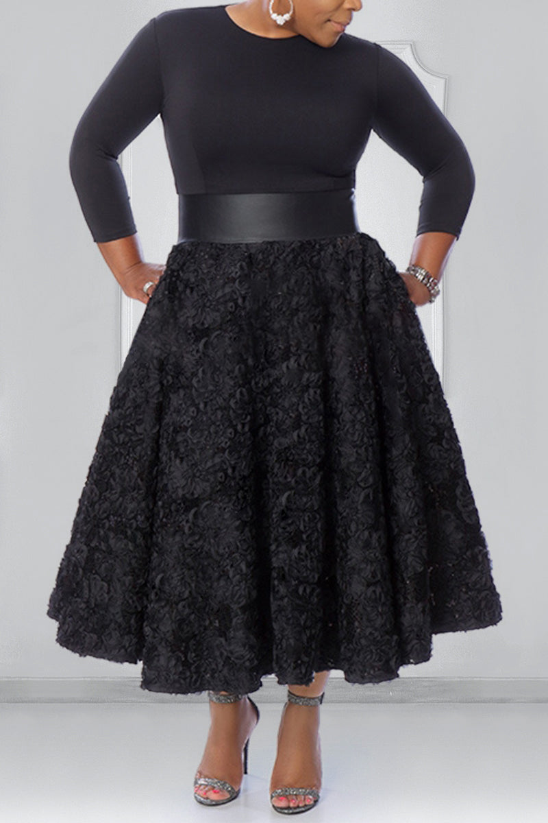 Plus Size Long Sleeve Sequin Little Black Pleated Midi Dress