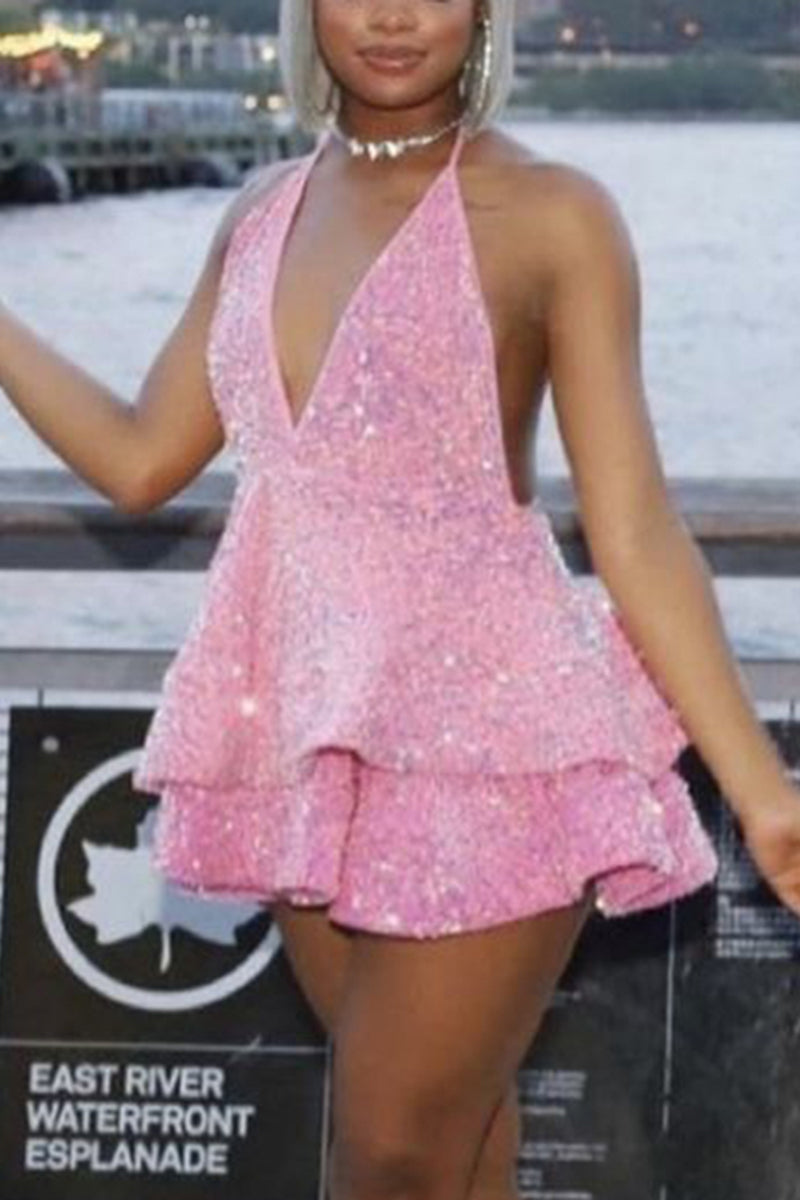 [Pre-Sale] Plus Size Sweet Party Sequin Ruffle Halter Sleeveless Mini Dress