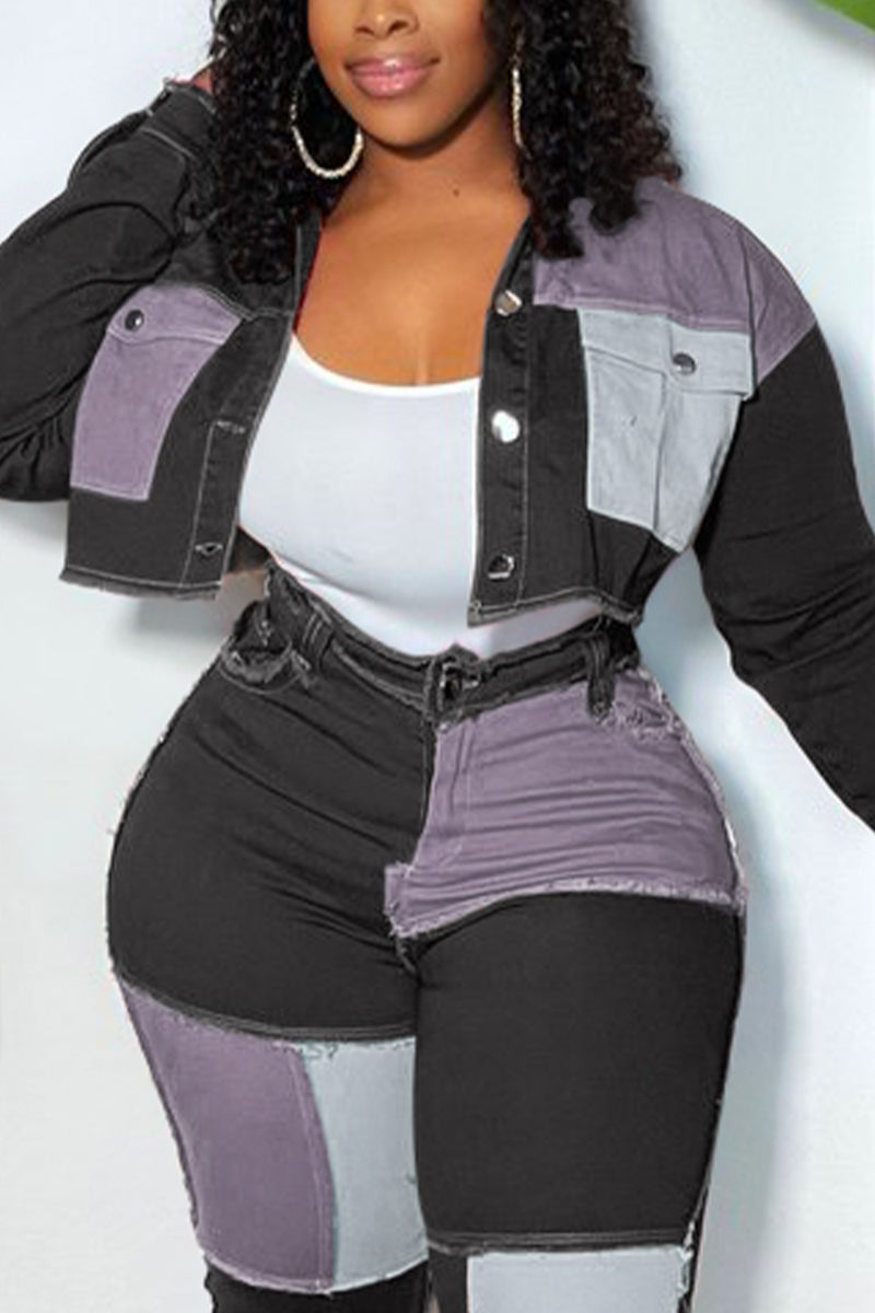 Plus Size Casual Colorblock Turndown Collar Outwear Only