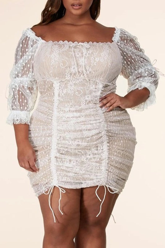 Plus Size Ruched Lace Polka Dot See-through Bodycon Square Neck Mini Dress