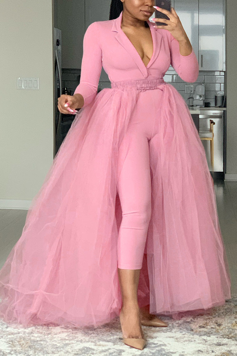 Plus Size Casual  V Neck Tulle Long Sleeve Pants Jumpsuits(With Tulle Skirt)
