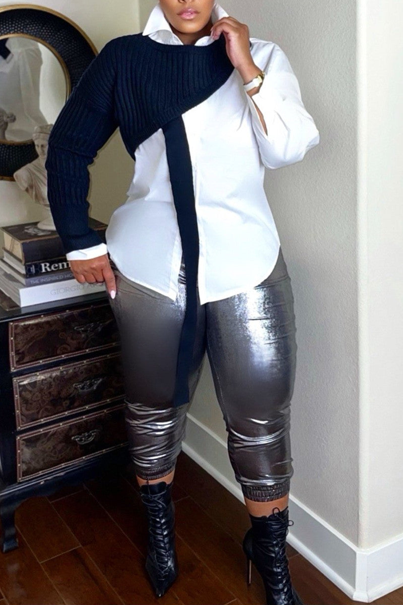 Plus Size Casual Button White Shirt with Half Arm Crop Sweater Set