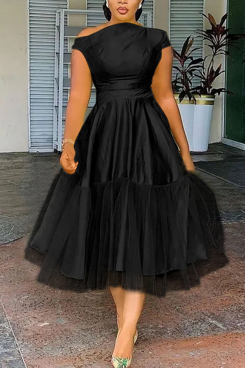 Plus Size Elegant A-line Tulle Solid Midi Dress