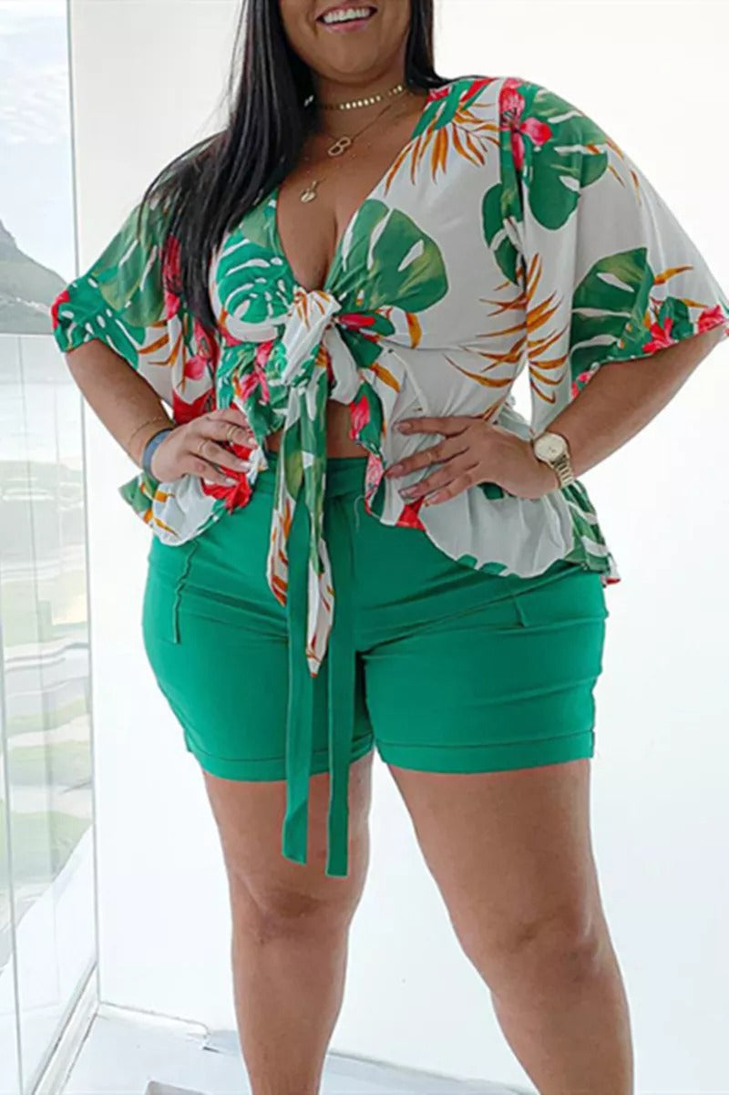 Plus Size Floral Print V Neck Two-piece Short Set