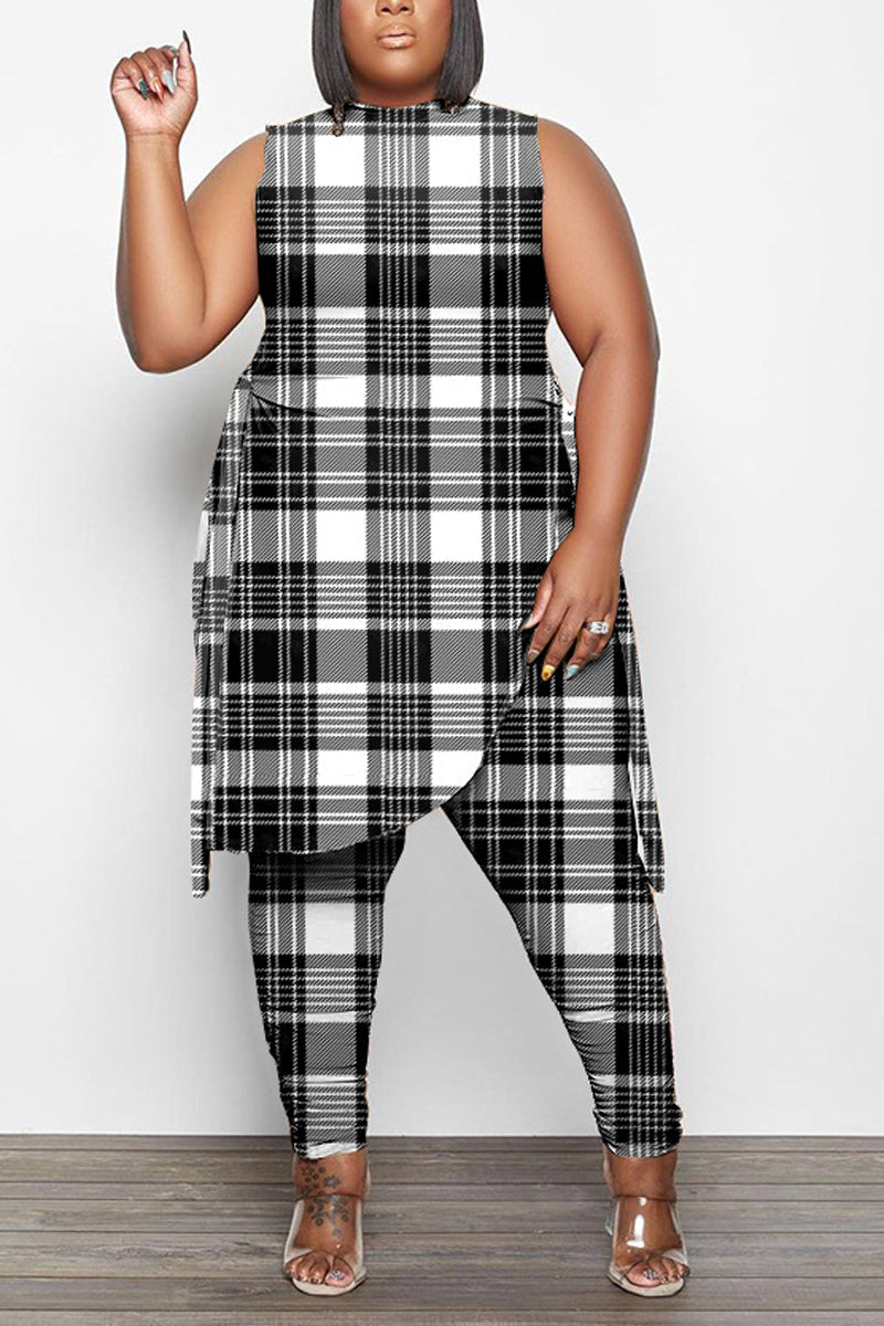 Plus Size Casual Plaid Print Sleeveless Skinny Pant Two Piece Set