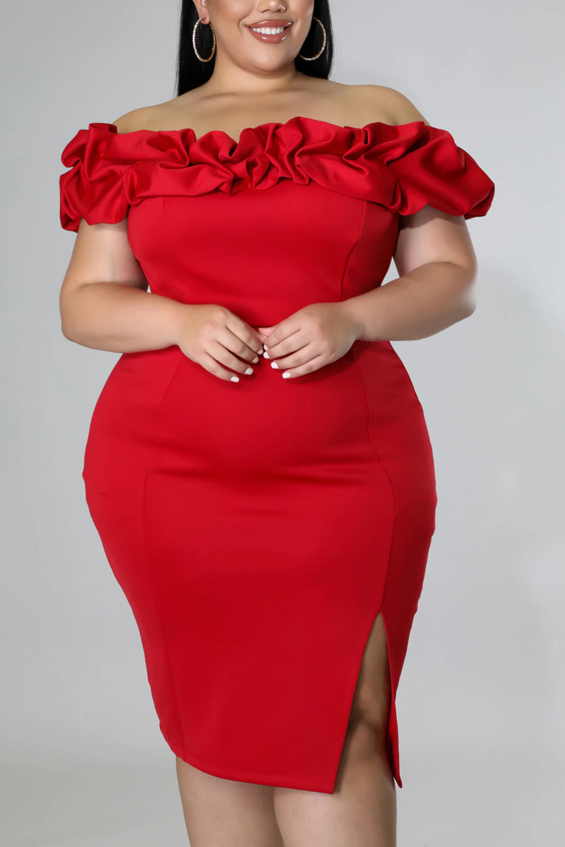 Plus Size Off The Shoulder Solid Split Bodycon Semi Formal Midi Dresses