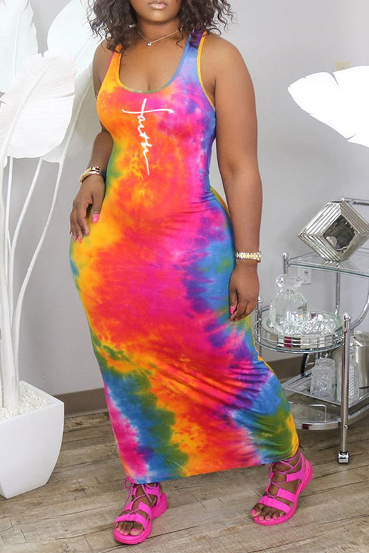 Plus Size Tie Dye Sleeveless Print Maxi Dresses
