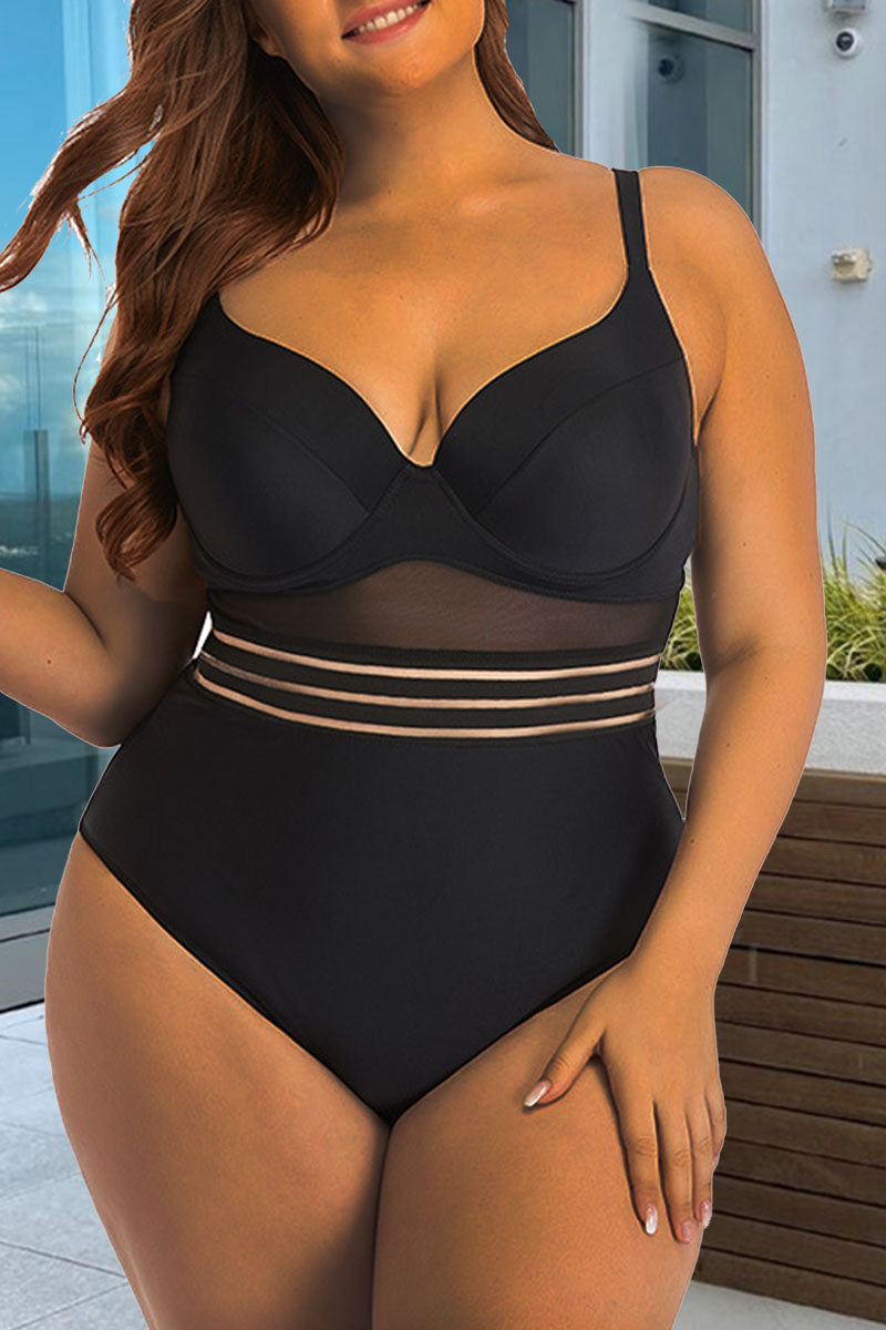 Plus Size Solid Mesh Stitching Back Cut Out One Piece Swimsuit