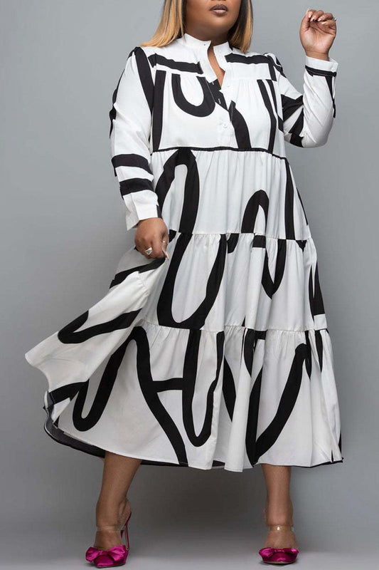 Plus Size Casual Printed Stitching V Neck Long Sleeve Midi Dresses